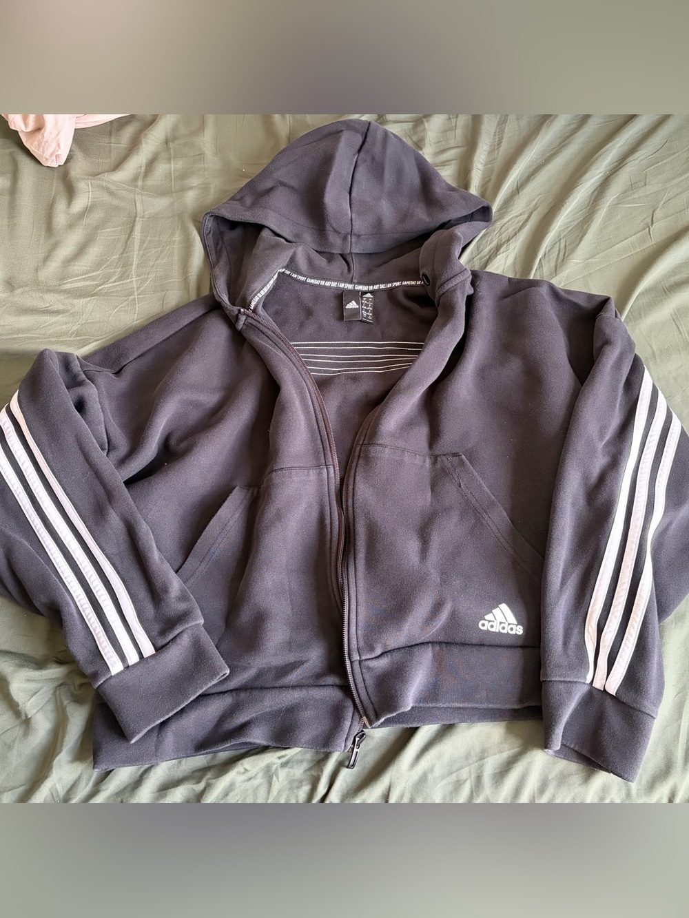 Adidas womens Black cropped Hoodie Zip Jacket with Signature Stripes